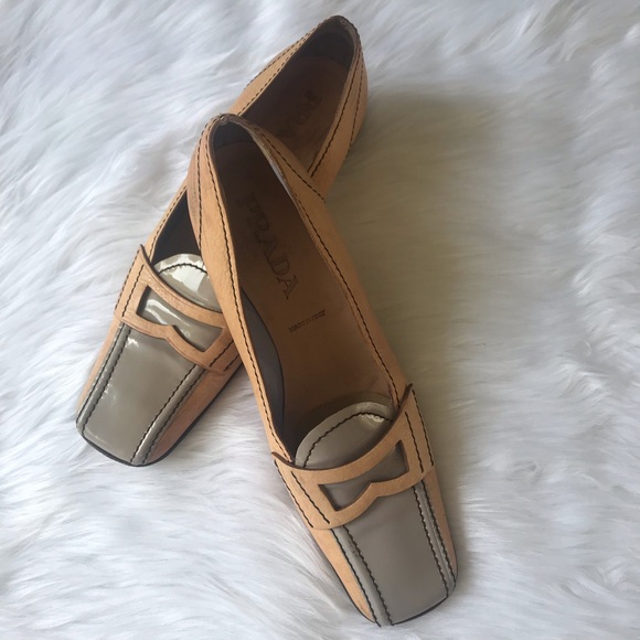 Prada Shoes - Prada Pump Heels Tan Leather Gray Patent SZ  38.5